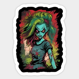 Comic book Anime style evil zombie girl lots of color mix of bright colors horror inspired Sticker